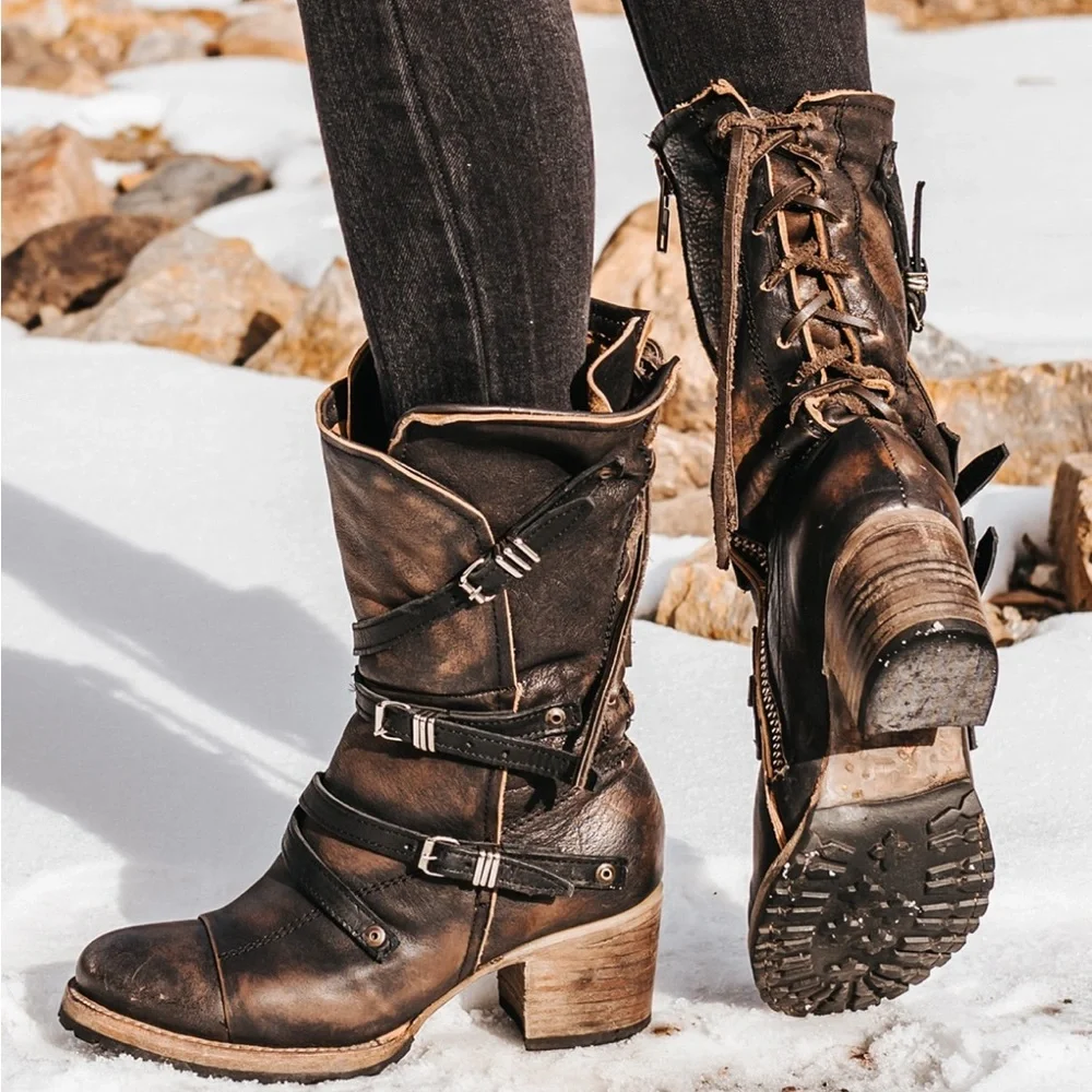 Freebird by Steven Steve Madden Cora Boho Distressed Buckle Lace Up Slouch Boots - Picture 3 of 7